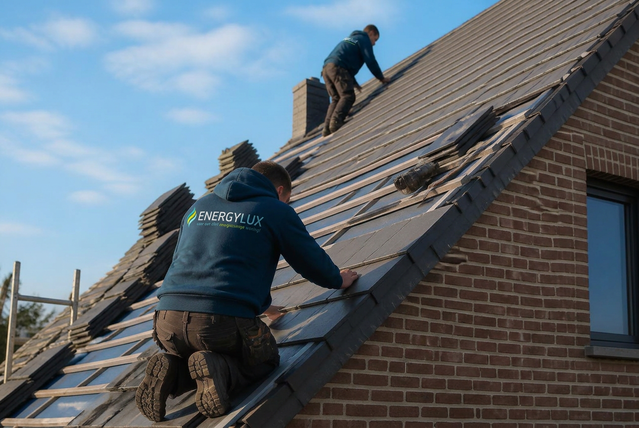 Dakwerkers van Energylux plaatsen nieuwe dakpannen op een woning in België